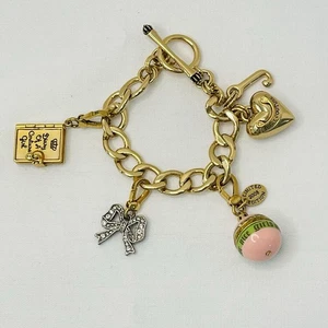 Juicy Couture Gold Charm Bracelet Nice Girls Who Like Stuff, Diary & Bow 3 Rare - Picture 1 of 19