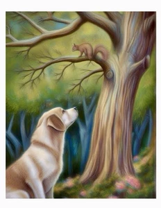 Scoiattolo osservazione cane stampa artistica originale scena natura animale fauna selvatica 8x10 #1/3 - Foto 1 di 3