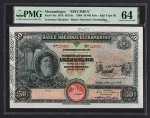 Mozambique 50 Mil Reis 1-3-1909 P43s "Specimen" Uncirculated Grade 64 Top Pop - Picture 1 of 2