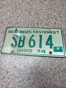 1974 Ohio License Plate #SB 614 Seat Belts Fastened? with 1975 Sticker - Picture 1 of 2