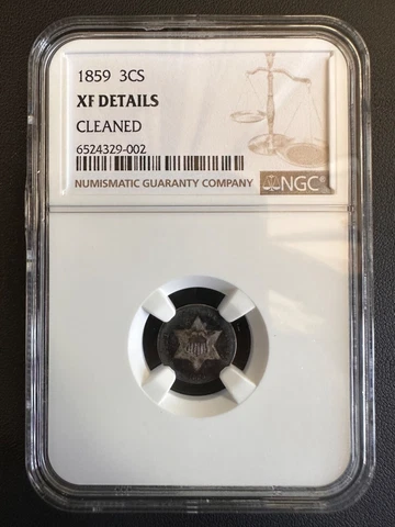 1859 3CS Silver Three Cents NGC XF Details Cleaned Cover
