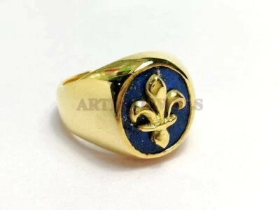 天然 Lapis Lazuli 宝石带 14K 镀金银戒指 男式 #1013 — 第 1/4 张图片