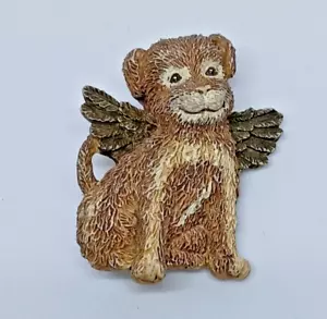 Estate Brown & White Resin Plastic Puppy Dog with Gilt Wings Brooch Pin – 1.25 x - Picture 1 of 4