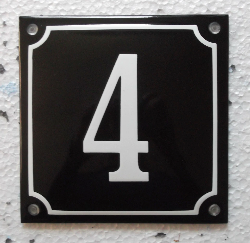 HOUSE NUMBER 4, CLASSIC ENAMEL SIGN. WHITE No.4 ON A BLACK BACKGROUND. 16x16cm. - Image 1 of 1