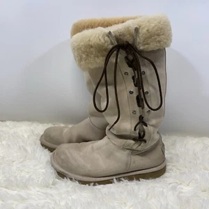 UGG Cream Upside Lace Up Suede Tall Snow Boots Womens SZ 7 Leather SEE PHOTOS - Picture 1 of 19