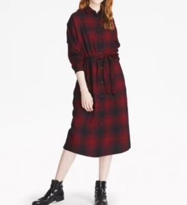 Vestido Camisa Uniqlo Franela Midi Rojo Cuadros Cuadros Bolsillos con Cinturón Para Mujer XS - Imagen 1 de 6