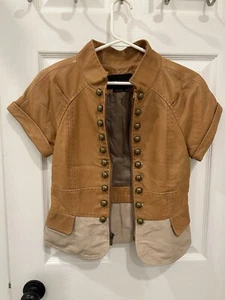 BCBGMAXAZRIA Short Sleeve leather Jacket Size XS Small Tan Brass Buttons - Picture 1 of 10