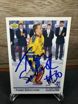 1992-93 Upper Deck #377b Tommy Soderstrom RC Sweden In-Person ON-CARD AUTO - Image 1 of 2