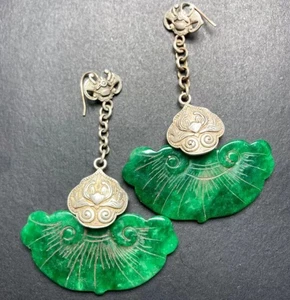 Chinesische antike tibetische Silber Intarsien Jade Ohrringe Juwelen - Bild 1 von 6
