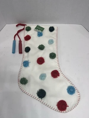 Place and Time White Christmas Stocking w/Pom Poms. Blue, Red, Green NWT - Image 1 of 4