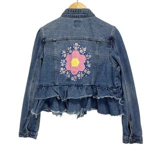 Upcycling Jeansjacke L Artsy Boho Art To Wear Patchwork Feedsack Oma Blume - Bild 1 von 11