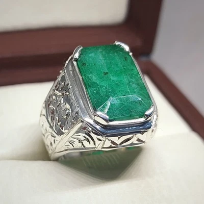 Mens Emerald Ring, Natural Beryl 925 Sterling Silver Ring, Zamurd Ring For Men - Image 1 of 4
