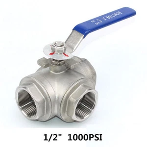 Valvola a sfera 1/2" 3 vie tre porte T NPT acciaio inox 316 1000PSI olio acqua gas - Foto 1 di 3