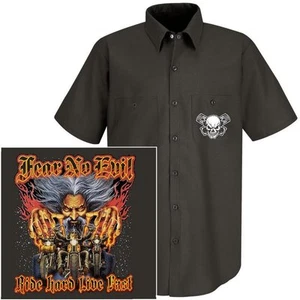 FEAR NO EVIL RIDE HARD LIVE FAST MOTORCYCLE BIKER SKULL MECHANIC WORK SHIRT W73 - Picture 1 of 12