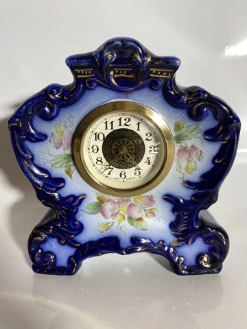 Ansonia Clock Co. Cobalt Blue Floral “CatBird” Antique porcelain Clock **READ** Cover