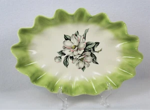 Vintage Oval Serving Dish Magnolia Flower Ruffled Edge Engraved Signature 12" - Imagen 1 de 4