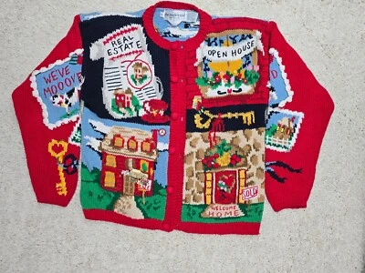 VTG The Eagles Eye Hand Knit 90s Sweater PatchWork RealEstate Xmas Cardigan Sz S - Image 1 of 4