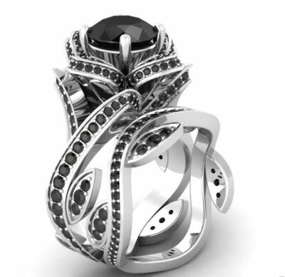 4.10Ct Flower Lotus Black Lab-Created Diamond Engagement Ring Set 14K White Gold - Image 1 of 4