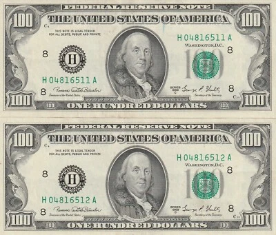 TWO 1969 C ONE HUNDRED DOLLAR UNCIRCULATED NOTES, ST. LOUIS FED RESERVE BANK - Image 1 of 4