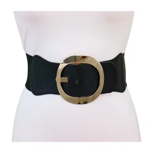 Women Black Wide Faux Leather Elastic Comfortable Belt Gold Metal Buckle Size S - Picture 1 of 24