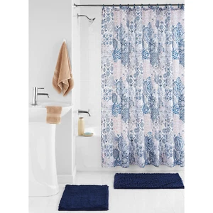 Bode 15-Piece White/Blue Damask Shower Curtain Set for Elegant Bathrooms - Picture 1 of 8