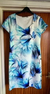 ASHLEY BROOKE Bodycon Pencil Dress Jersey Stretch White Blue Floral Print UK 14 - Picture 1 of 5