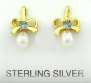 GENUINE PEARL & AQUAMARINES STUD EARRINGS .925 Sterling Silver (gold tone) * NWT - Picture 1 of 3