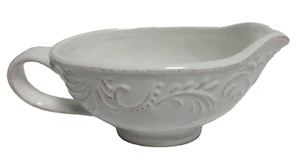 PIER 1 Antique Scroll Dolomite White Stoneware Gravy/Sauce Boat Embossed - Picture 1 of 5
