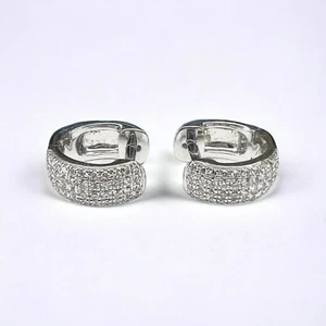 Stunning 14K White Gold Natural Round Diamond Pave Huggie Hoop Earrings - Picture 1 of 8