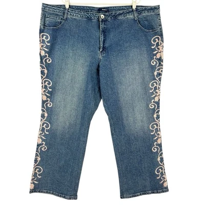 Jeans jeans feminino bordado azul stretch 24/7 plus size 30W perna larga - Imagem 1 de 4