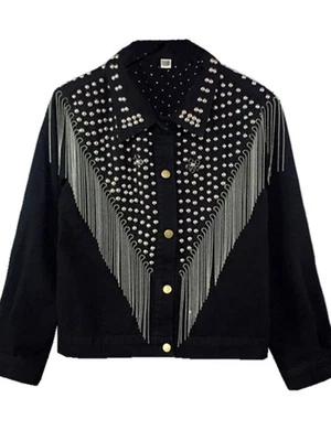 Womens Denim Tassels Beaded Casual Button Studded Spring Fashion Coats Jackets - Image 1 of 4