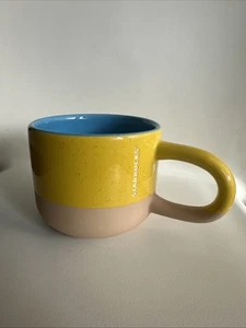 Starbucks Terra Cotta Two Tone Yellow Blue Long Handle Coffee Mug 12 oz 2018 - Picture 1 of 7