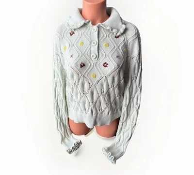 Suéter bordado Sandy Liang Target M verde malha aberta colarinho Peter Pan  - Imagem 1 de 4