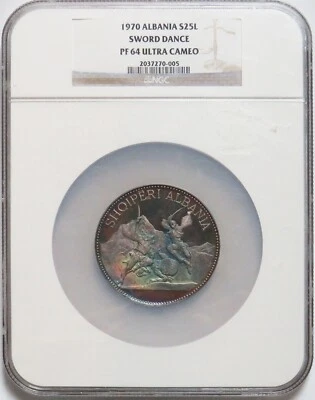 Plata Albania 500 1970 acuñada 25 espada Leke danza NGC PROOF 64 UC Foto 1 de 4