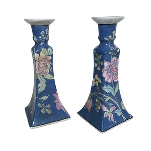 Vintage Chinoiserie Blau und Weiß Floral Japan Keramik Kerzenständer 2er Set - Bild 1 von 11