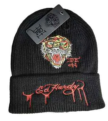 Ed Hardy Tiger Knitted Unisex Beanie Hat Black - Image 1 of 4