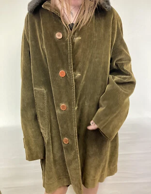 VTG Mens Green Corduroy Winter Coat 100% Wool Zip in Liner Olive Trench Long M L - Image 1 of 4