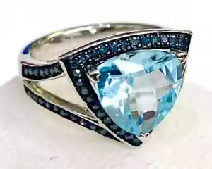 HSN Colleen Lopez Sterling Silver Trilliant Blue Topaz & Diamond Ring Size 5 - Picture 1 of 13