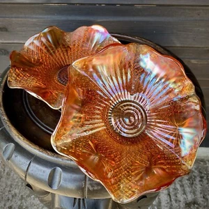 Carnival Glass Bow & Ribbon Tazzas/Dishes x2 Marigold Orange Pineapple - Picture 1 of 8