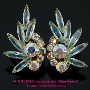 Juliana Aquamarine Earrings Pink Aurora Borealis Rhinestones Gold Clips 1950's