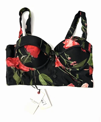 Top de Bikini TED BAKER London Talla 3 LUSIYE Estampado Floral Longline Nuevo con Etiquetas $90 Negro Foto 1 de 4