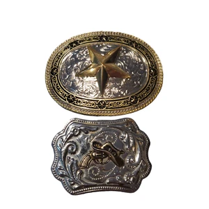 Western Cowboy Mens Belt Buckles Lot Of 2 Silver Gold 3D Metal Lone Star - Picture 1 of 3