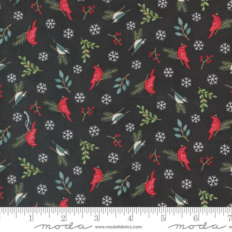 Moda Fabrics 56096 17 "WOODLAND WINTER"RED BIRDS ON BLACK BTY - Image 1 of 1
