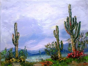 Original Oil Art Desert Landscape Cactus Painting Arizona Art Flowers Art - Picture 1 of 6