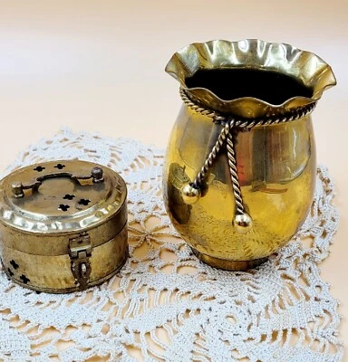 Vintage Brass Cricket Box Braided Vase Hand Forged Trinket Container India - Image 1 of 4