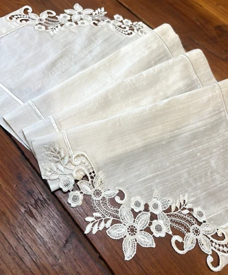 Table Topper Runner Embroidered Lace Ivory Bridal Shower Gift Arlette Hand Made - Image 1 of 4