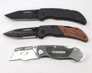 Husky Folding Lockback Pocket Knife Set /Lot of 3 / Combo, Tanto, & Utility  - Picture 1 of 7