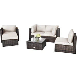 Costway 6PCS Patio Rattan Furniture Set Cushion Sofa Coffee Table Ottoman White - Picture 1 of 12