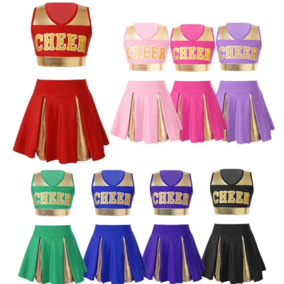 Niños Niñas 2 Piezas Uniforme de Animadora Escote en V Estampado de Letras Disfraz Escolar Foto 1 de 3