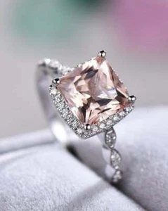 2.20Ct Simulated Diamond Morganite Engagement Ring 14K White Gold Plated Silver - Picture 1 of 5